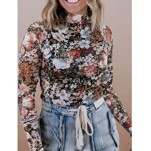 Brown Floral Print Long Sleeve Mesh Top Shirt Slim Fit